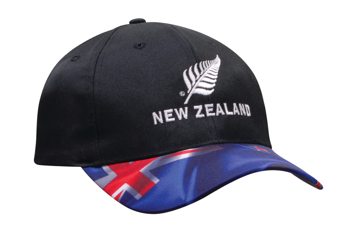 Breathable oly Twill Cap with Waving NZ Flag Peak