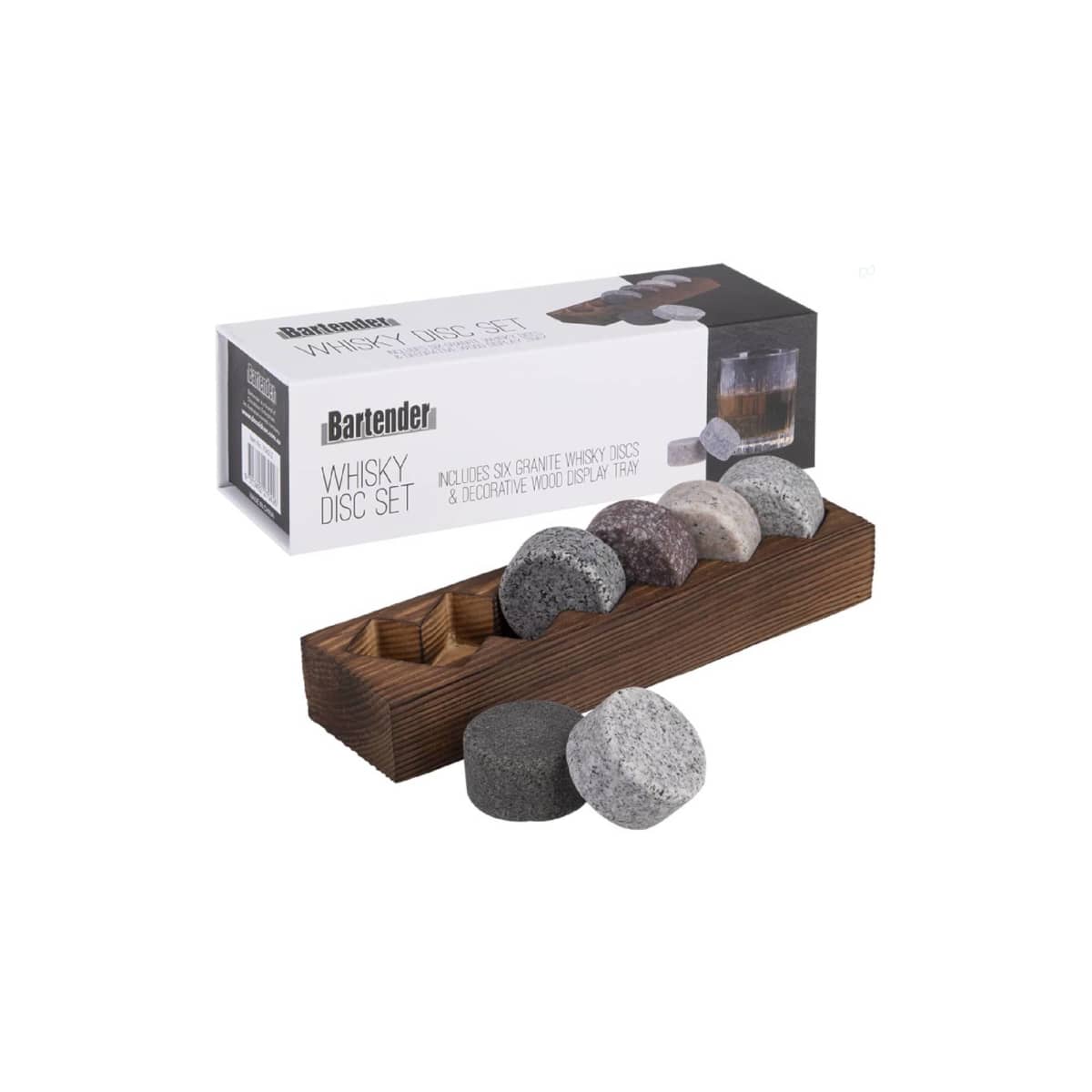 Bartender Whisky Discs Set 6 w/wood Base