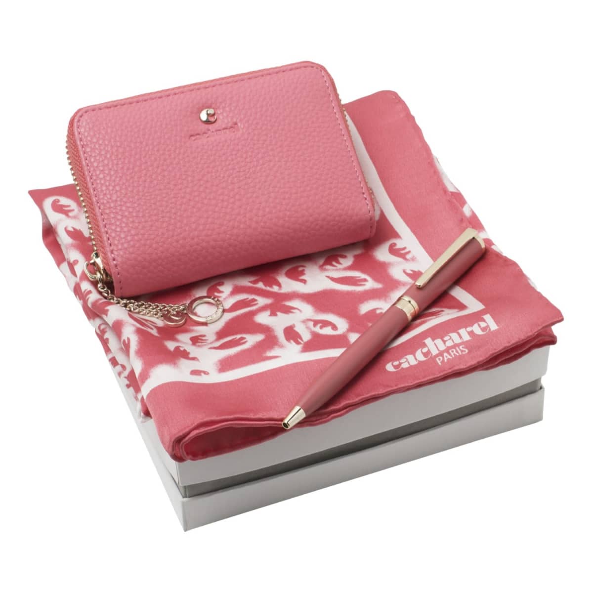 Set Cacharel Corail (ballpoint pen, mini wallet & silk scarf)