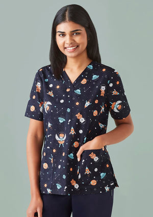 Womens Printed Space Party Scrub Top