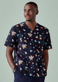 Mens Printed Space Party Scrub Top