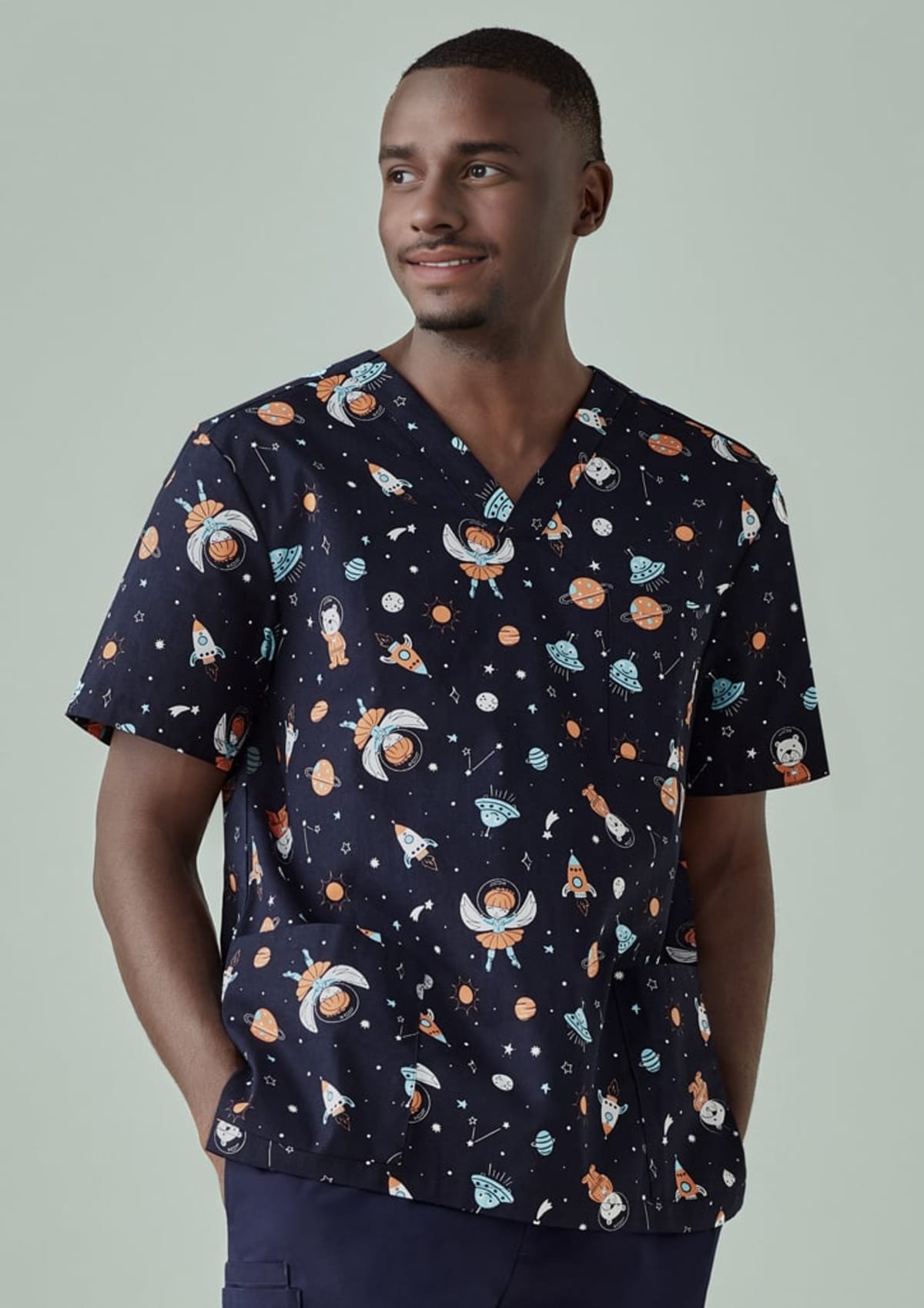 Mens Printed Space Party Scrub Top
