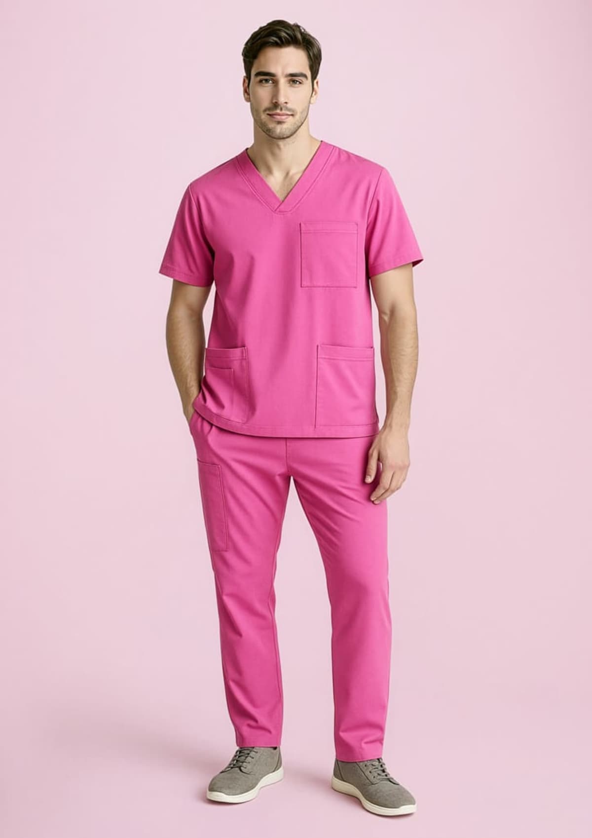Unisex Pink V-Neck Scrub Top