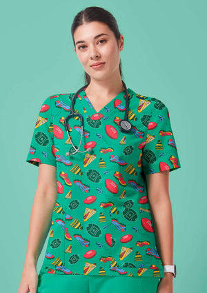 Womens V-Neck Printed Scrub Top