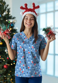 Womens Christmas V-Neck Short Sleeve Scrub Top