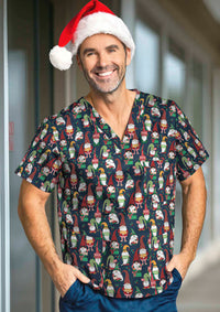 Unisex Christmas V-Neck Short Sleeve Scrub Top