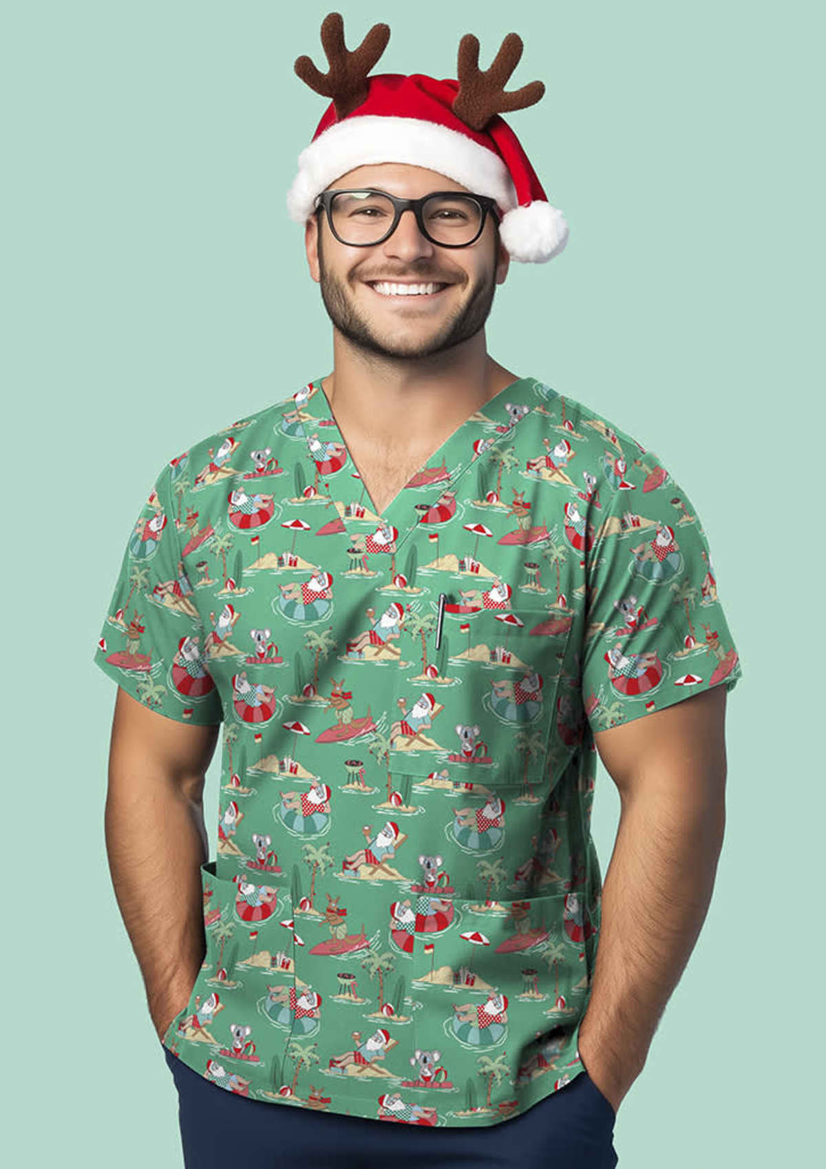 Unisex Christmas V-Neck Short Sleeve Scrub Top