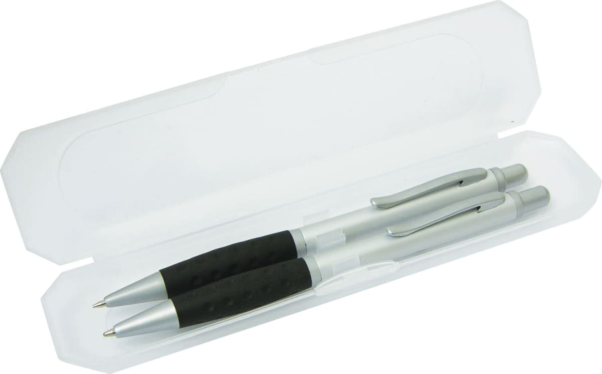 pen and pencil set made from aluminium packed in a clear plastic box