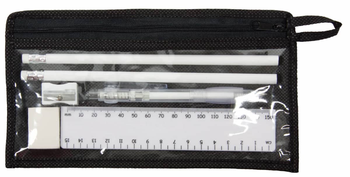 stationery set ruler, pencils, pen, sharpener and rubber