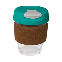 coffee cup / Mug 8oz/235ml Glass Karma Kup Cork Band Plastic Flip Lid Reusable  Eco Friendly