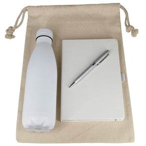 Gift Set - Cotton Drawstring Bag, Insulated Bottle, Journal & Pen