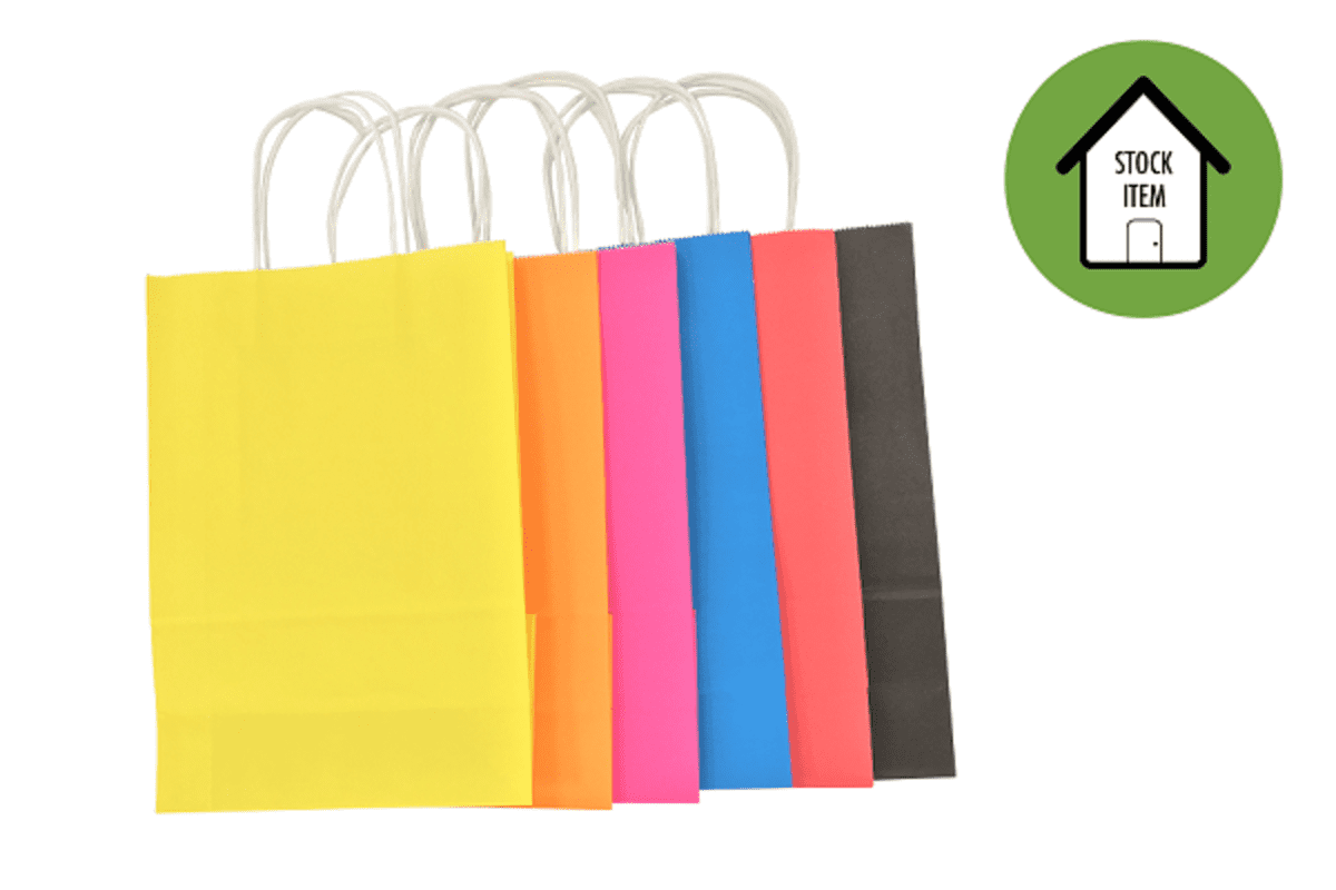 Junior Sized Coloured Kraft Bag with paper twist handles Printed Popular Stock
