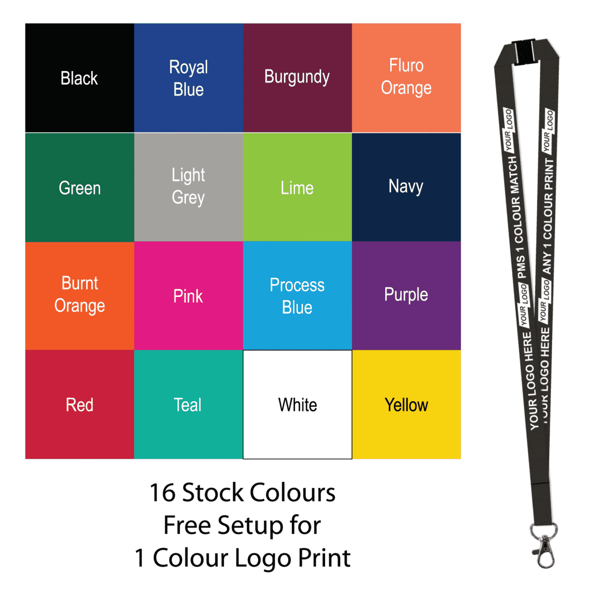 Aquarius Ribbed Lanyard Budget Screen Printed 1 Colour 1 Side Carabiner and Breakaway