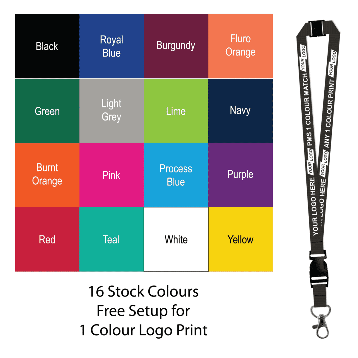 Aquarius Ribbed Lanyard Budget Screen Printed 1 Colour 1 Side Carabiner Breakaway and Quick Release