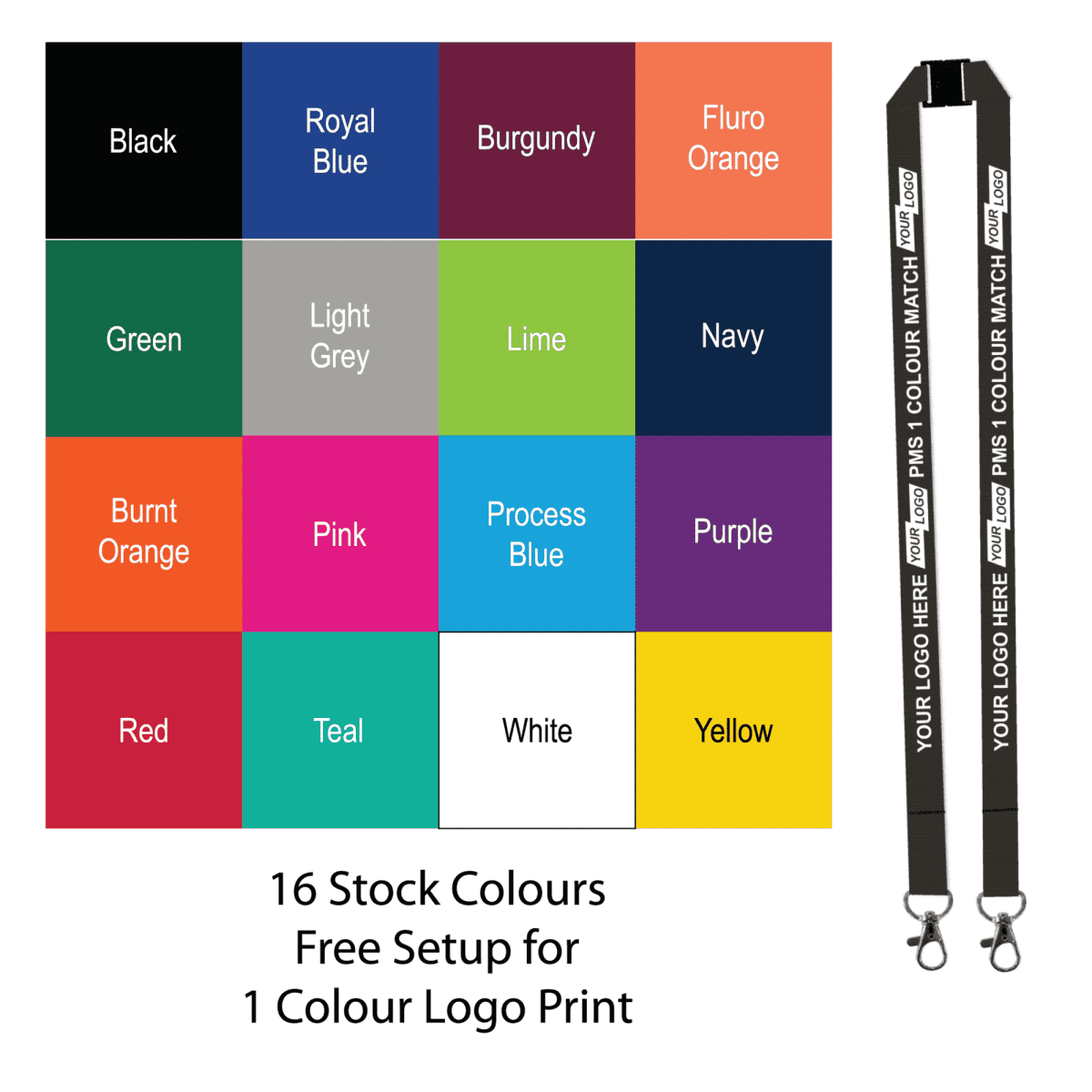 Aquarius Ribbed Lanyard Budget Screen Printed 1 Colour 1 Side Double Carabiner and Breakaway