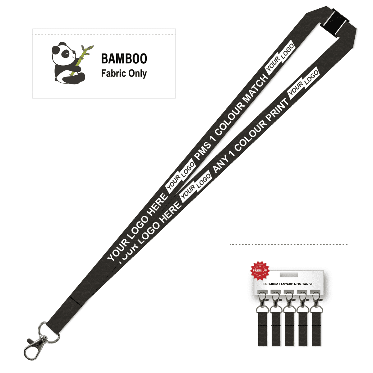 Bamboo Ribbed Lanyard Screen Printed 15mm - Carabiner and Breakaway