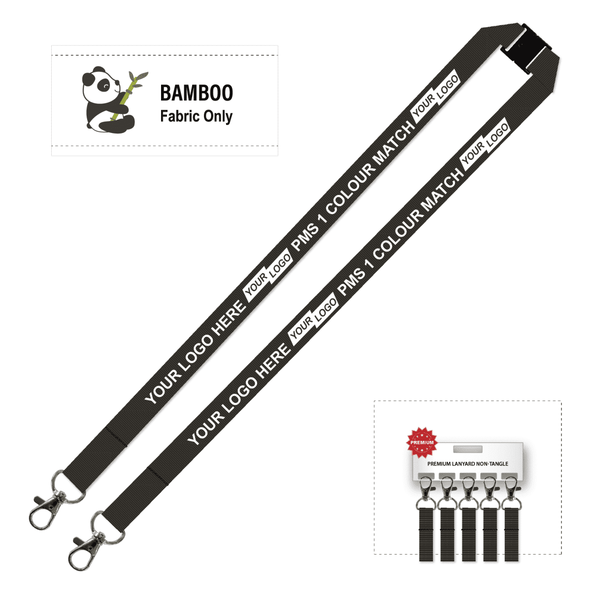 Bamboo Ribbed Lanyard Screen Printed 15mm - Double Carabiner and Breakaway