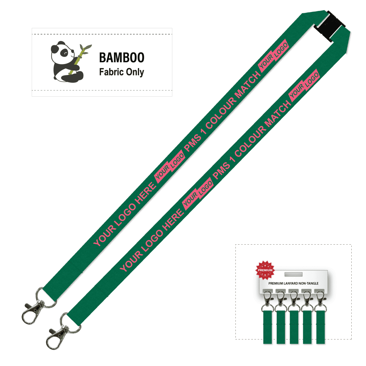 Bamboo Ribbed Lanyard Screen Printed 15mm - Double Carabiner and Breakaway