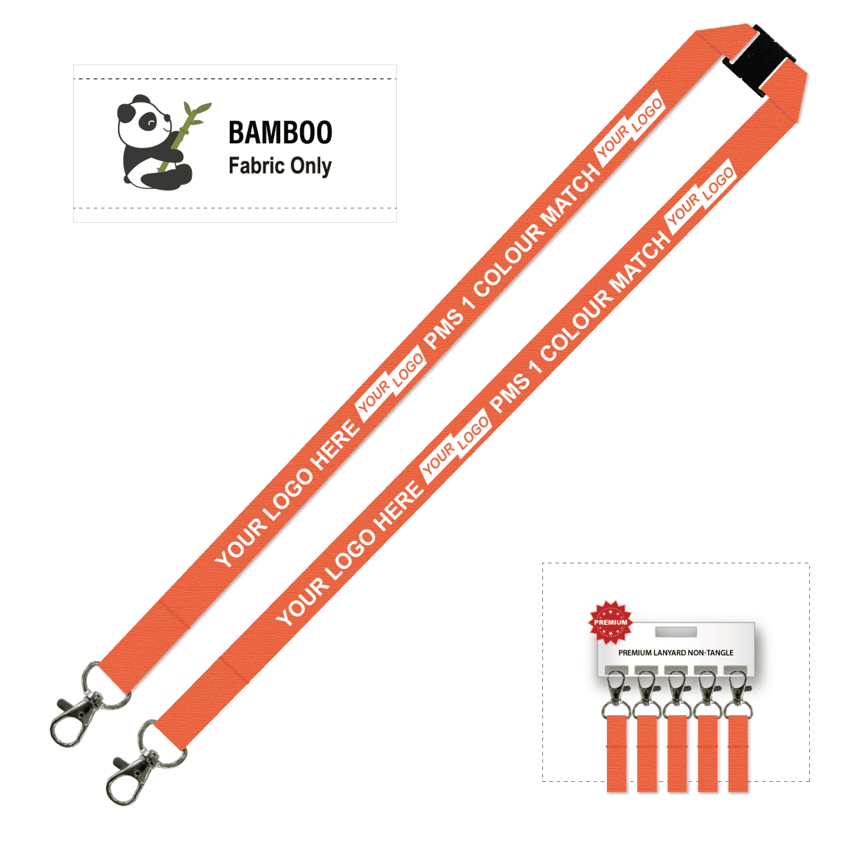 Bamboo Ribbed Lanyard Screen Printed 15mm - Double Carabiner and Breakaway