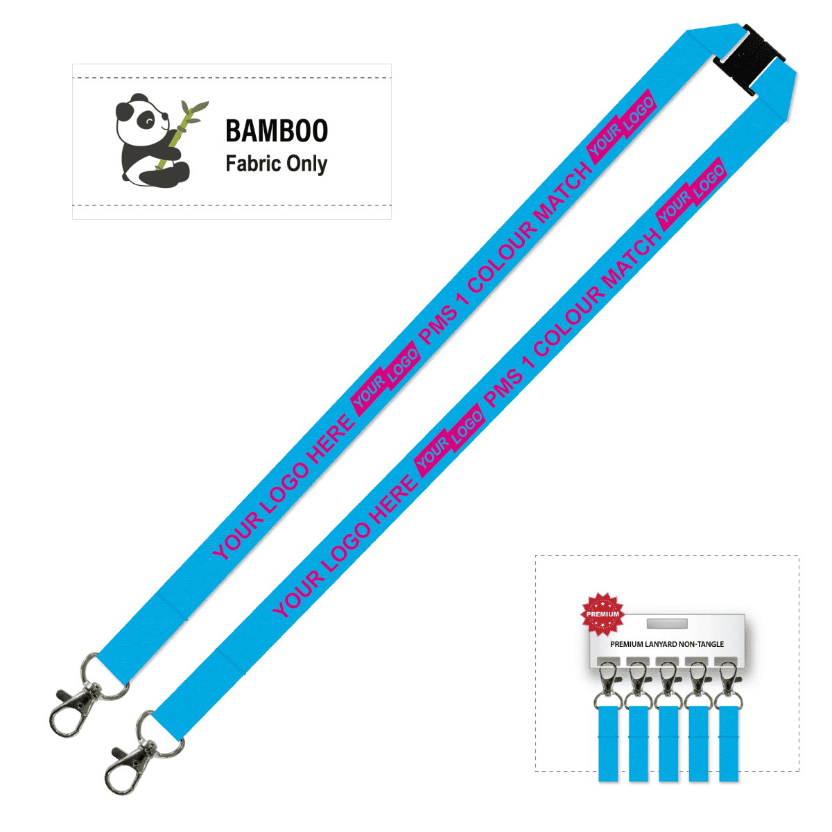 Bamboo Ribbed Lanyard Screen Printed 15mm - Double Carabiner and Breakaway