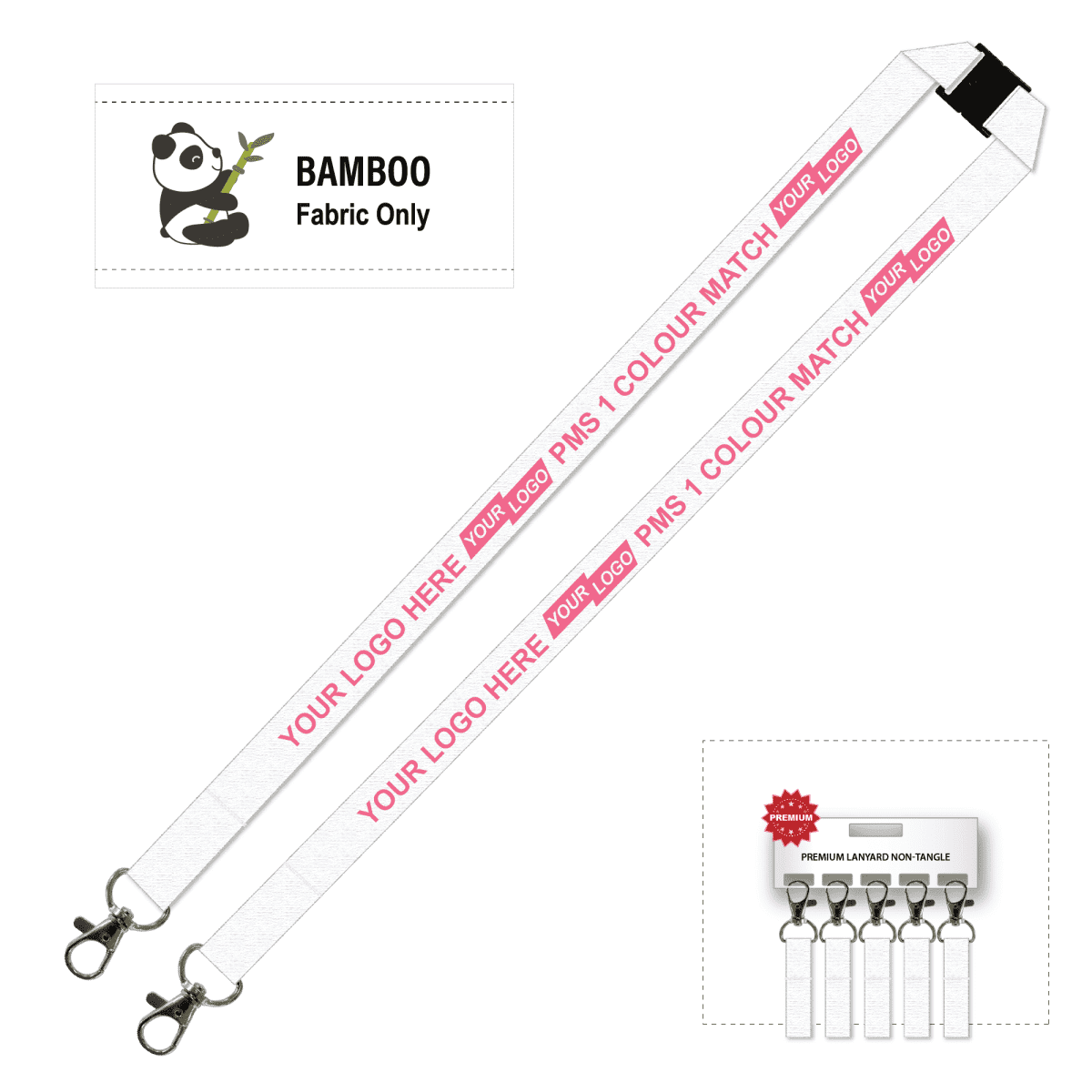 Bamboo Ribbed Lanyard Screen Printed 15mm - Double Carabiner and Breakaway