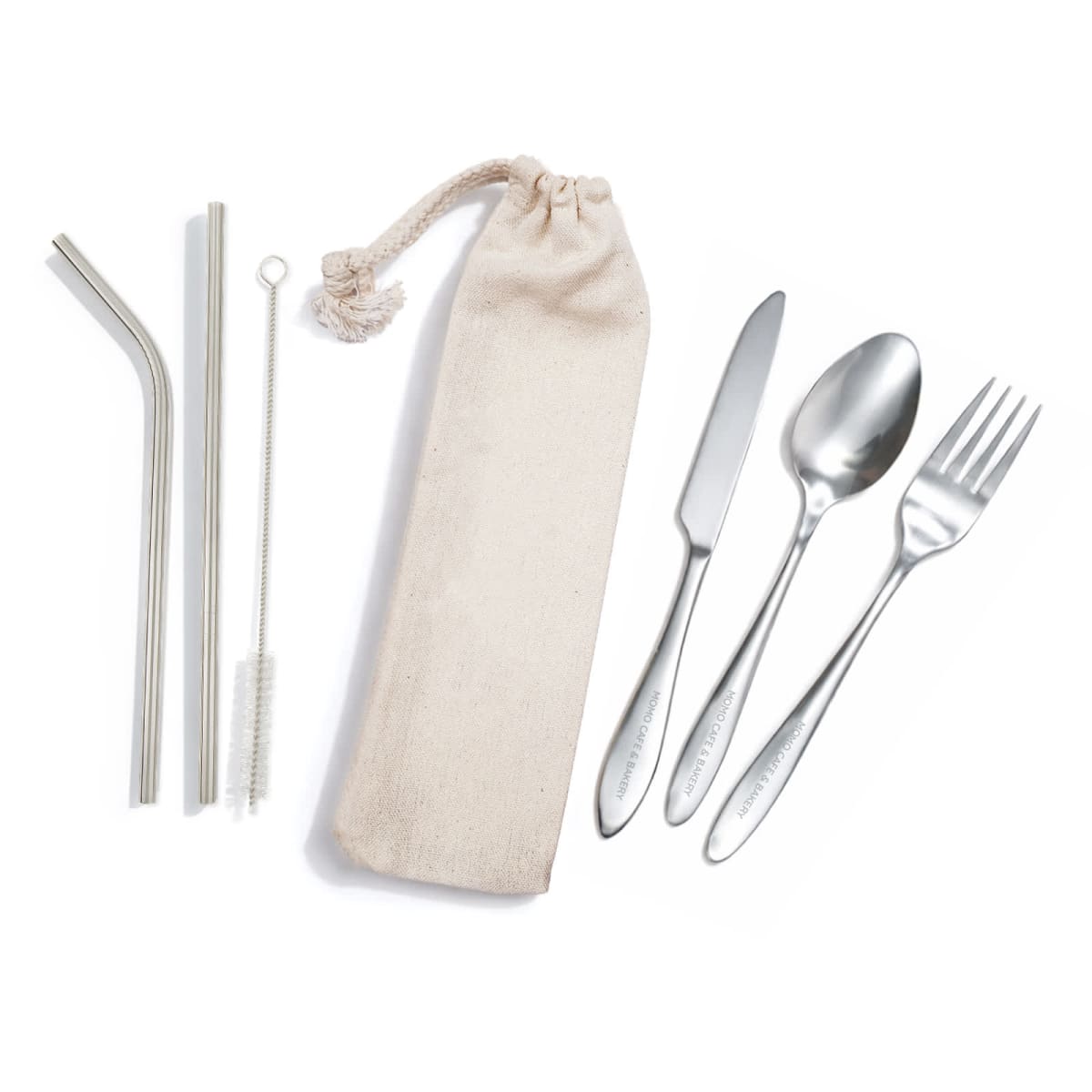 Banquet Stainless Steel Cutlery & Straw Set in Calico Pouch