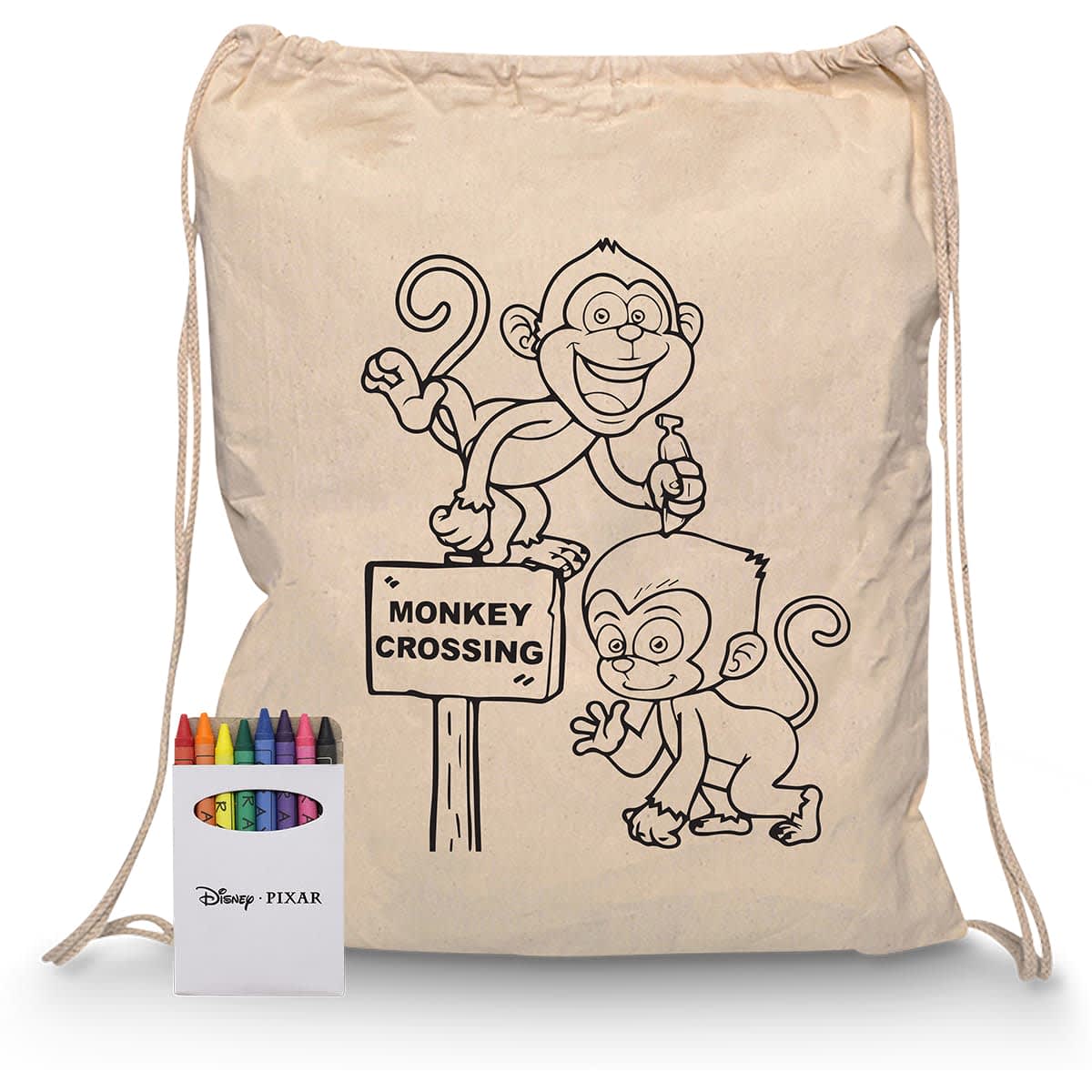 Squiggle Calico Drawstring Bag + Crayon set