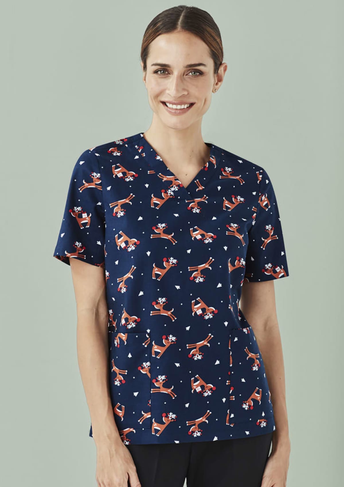 Womens CHRISTMAS  S/S V-neck scrub