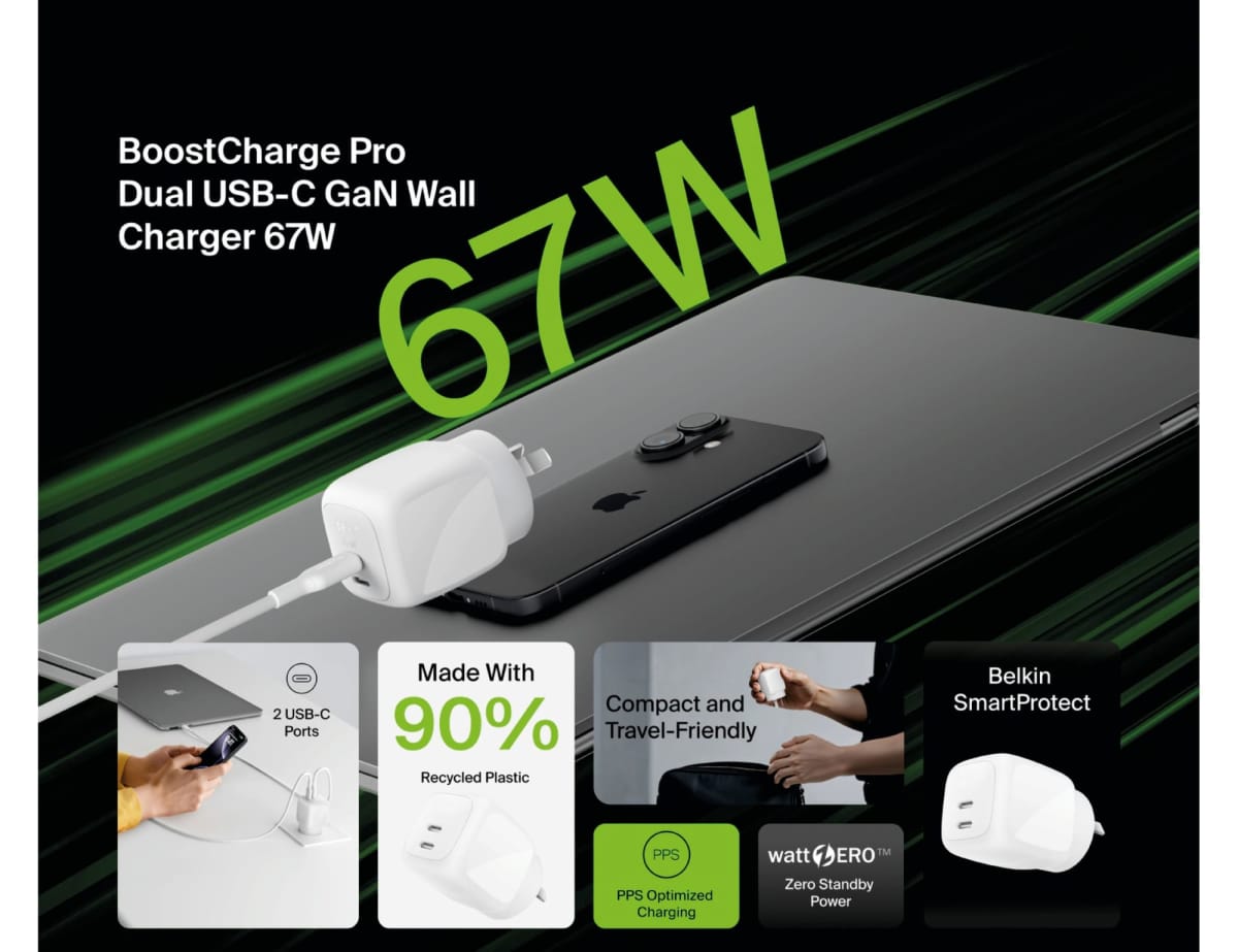 Belkin BoostCharge Pro 67W Dual USB-C GaN Wall Charger