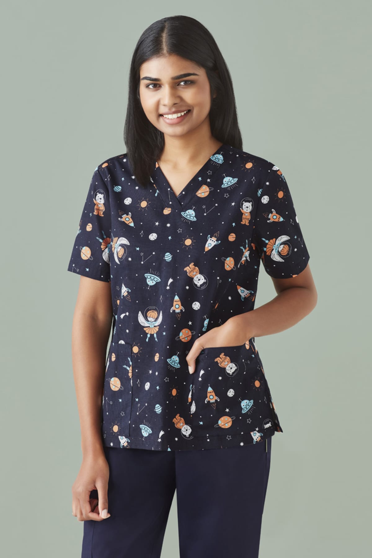 Womens Printed Space Party Scrub Top
