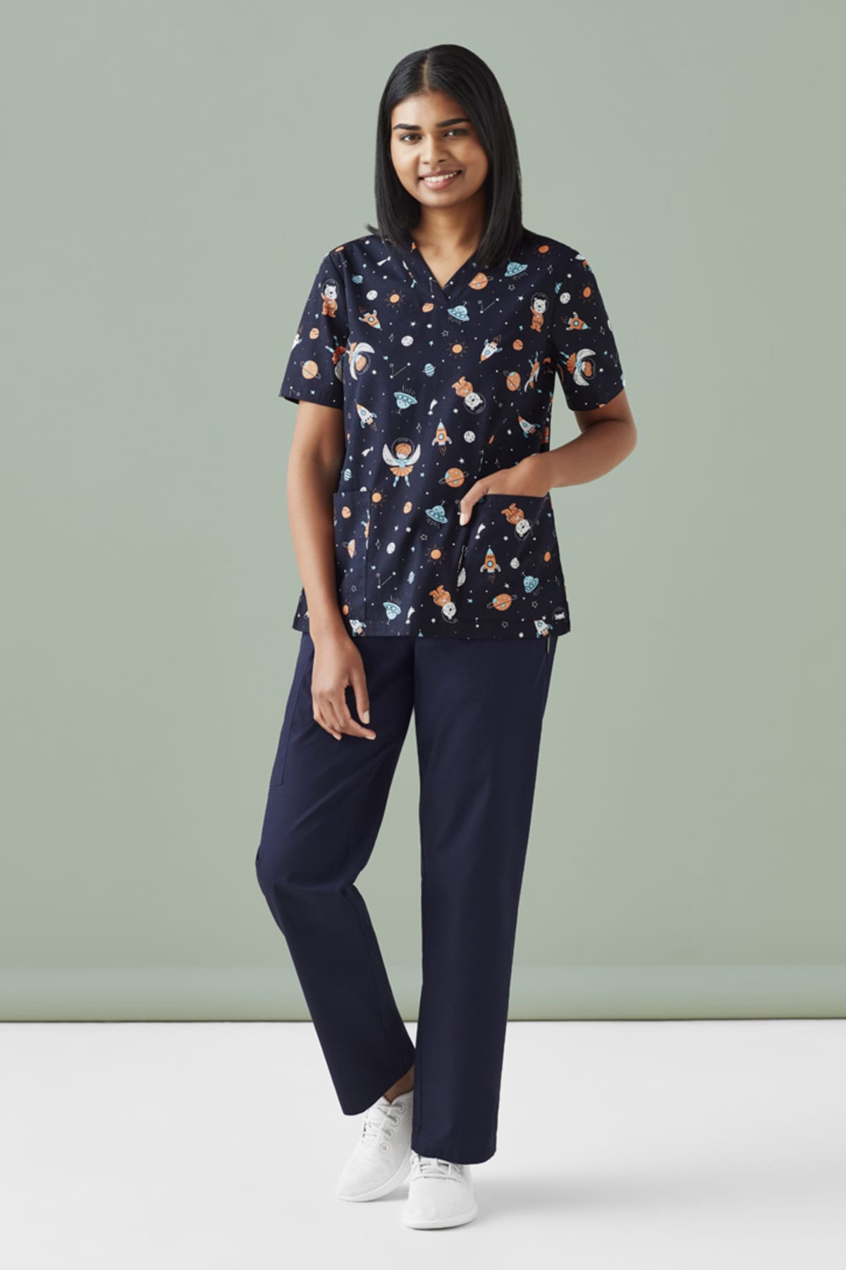 Womens Printed Space Party Scrub Top