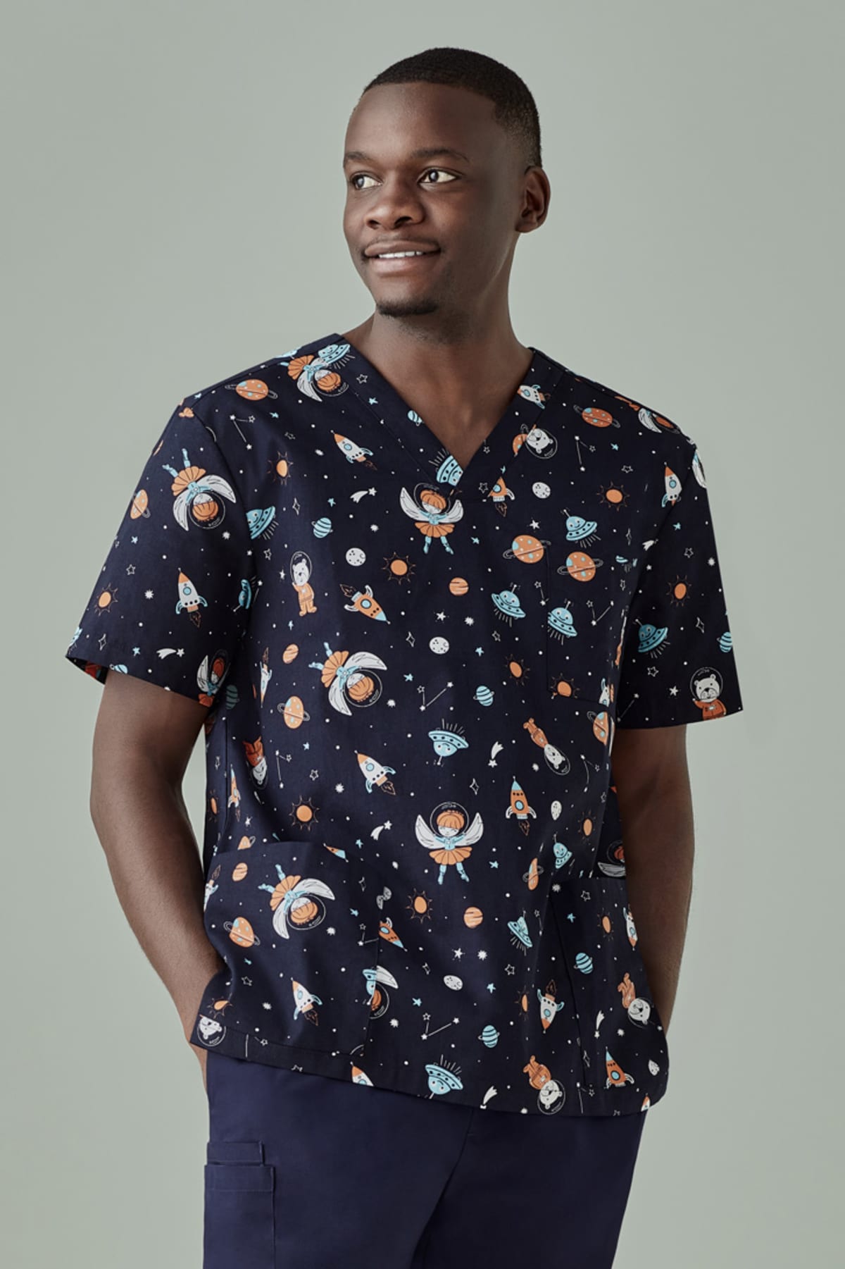 Mens Printed Space Party Scrub Top