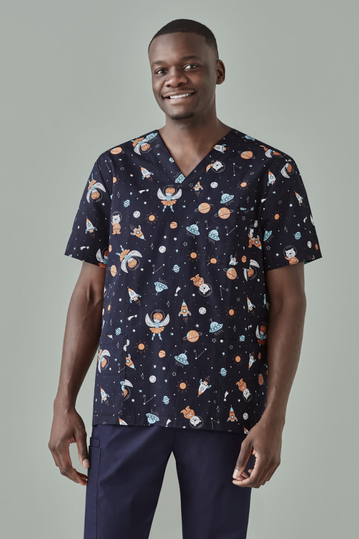 Mens Printed Space Party Scrub Top