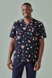 Mens Printed Space Party Scrub Top