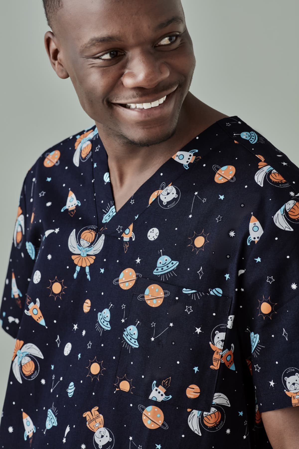 Mens Printed Space Party Scrub Top